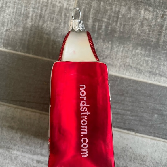 Nordstrom Shopping Bag Glass Christmas Ornament Silver & Red Glitter - Picture 2 of 2